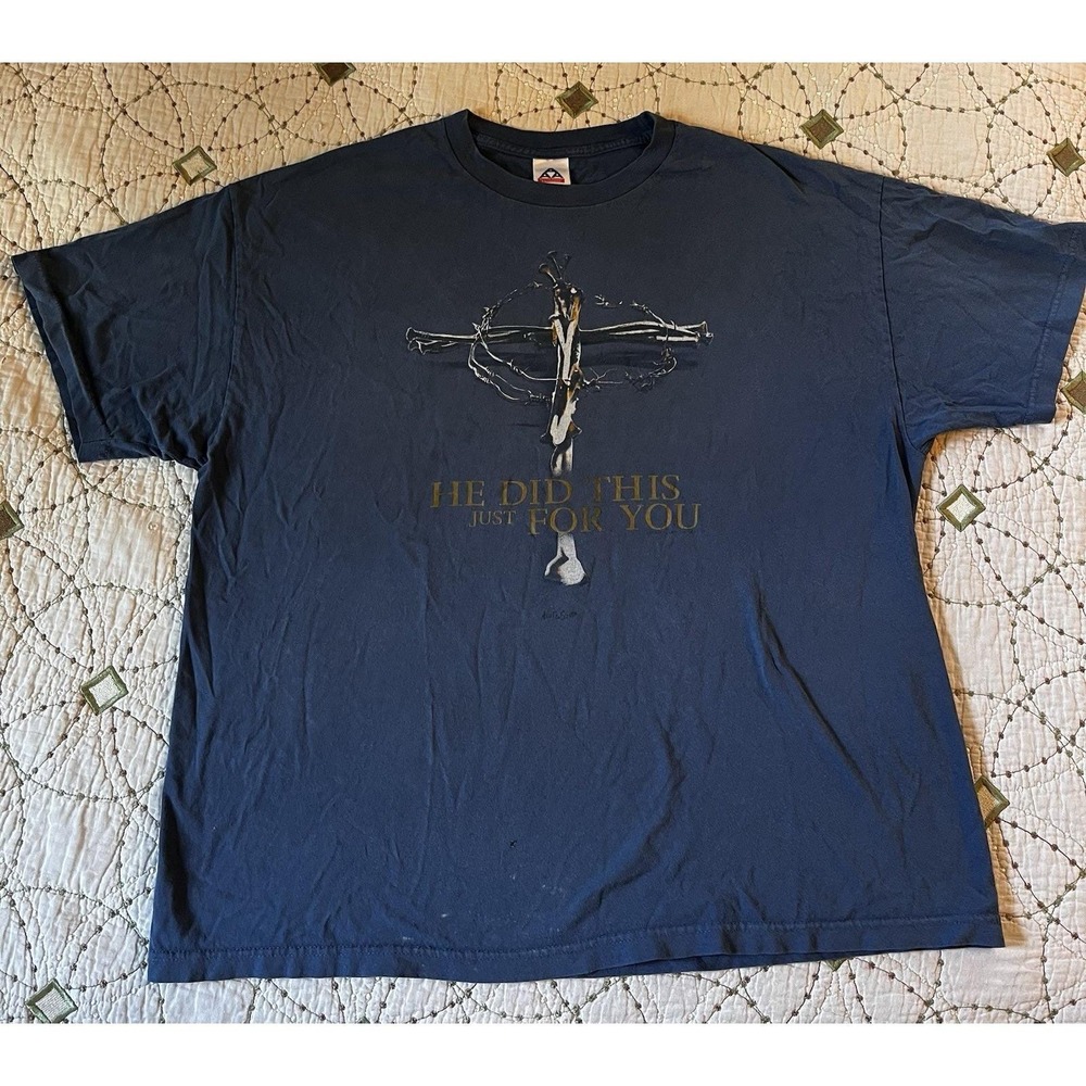 Vintage Alstyle Christian Graphic T-Shirt Navy Blue John 3:16 Cross Mens XL